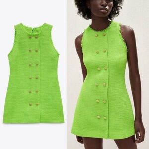 Zara Lime Green Textured Mini Dress with Gold Buttons, Size S